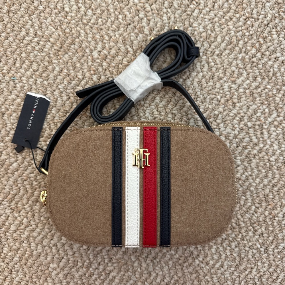 Tommy Hilfiger Tan Crossbody Bag with Red, White, and Black Stripes